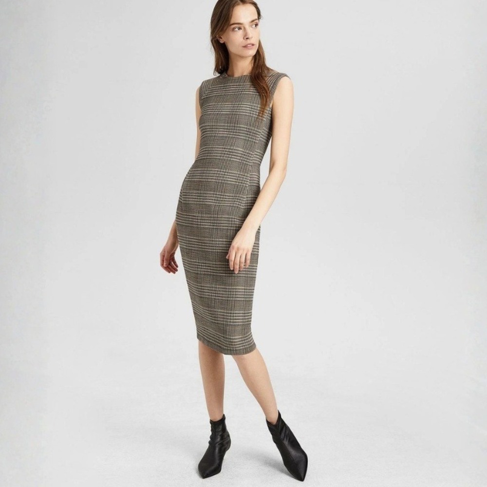 Theory Power Midi Wool Plaid Classic Dress Plaid Sheath Size 4